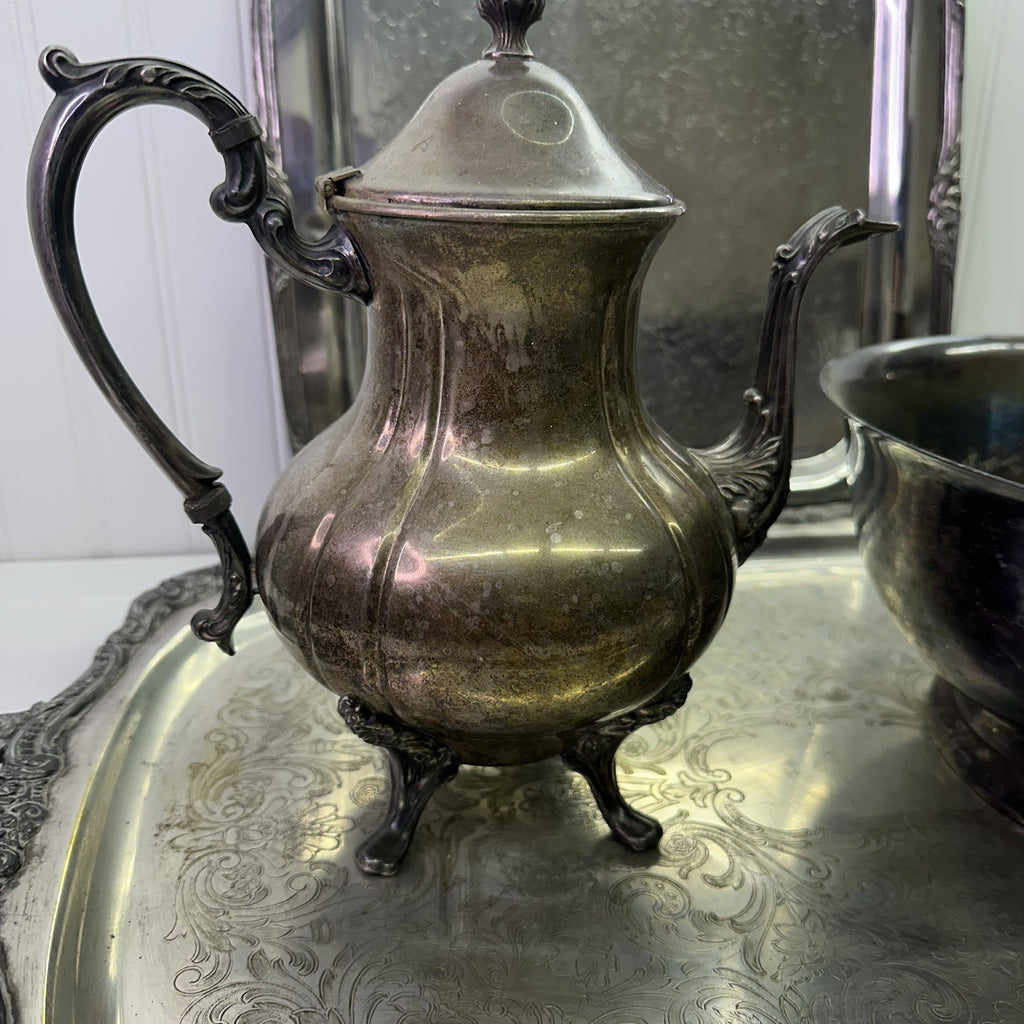 4 Vintage Silverplate Tray Set Lot Tea Coffee Pot Bowl Ornate Serving