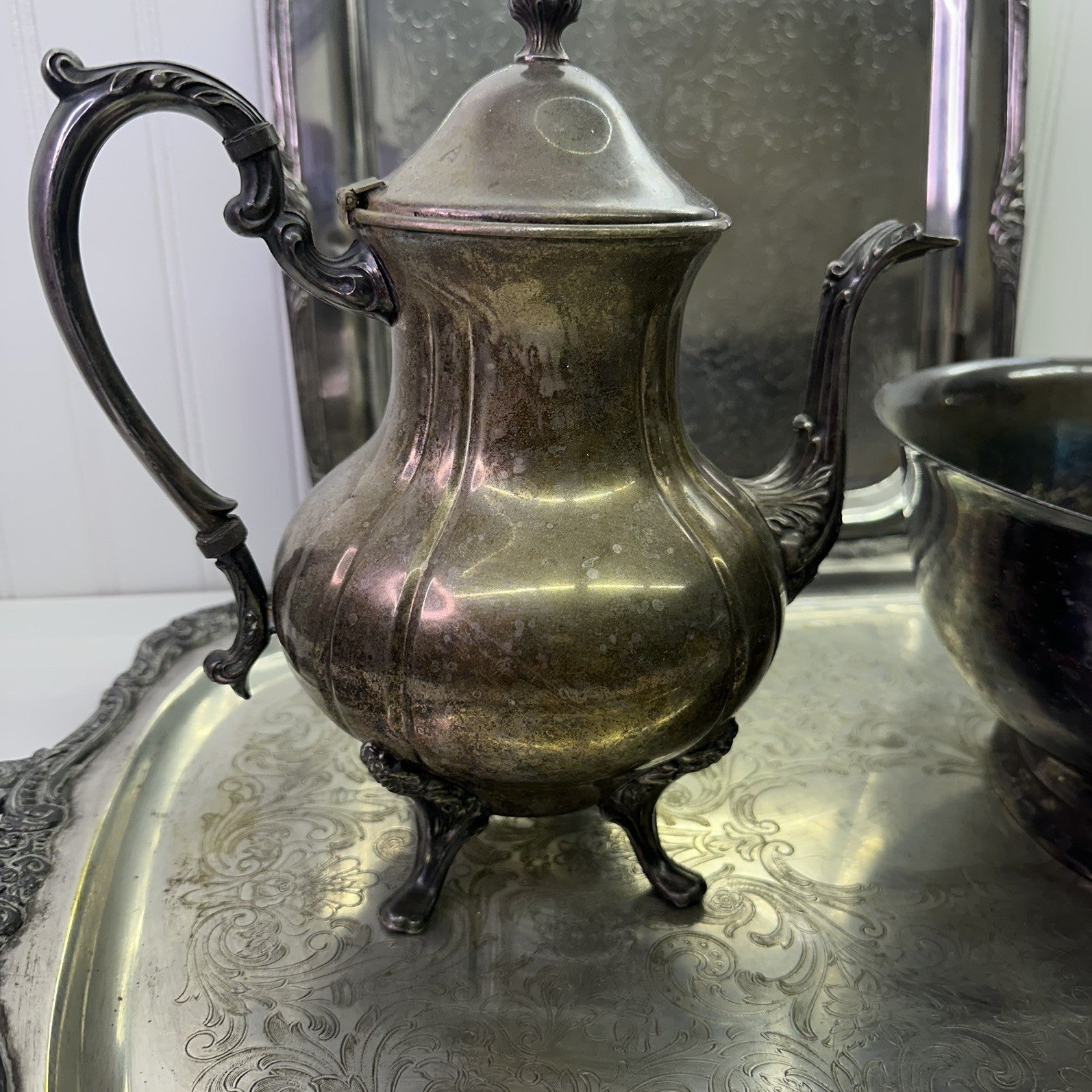 4 Vintage Silverplate Tray Set Lot Tea Coffee Pot Bowl Ornate Serving