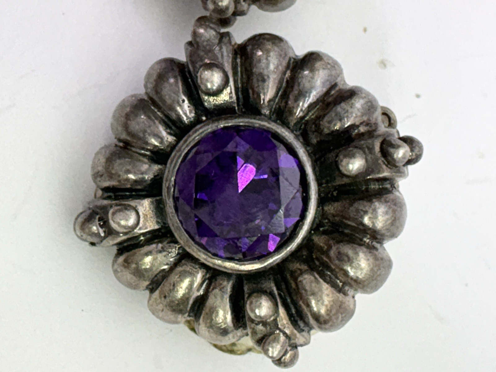 Vintage 925 Sterling Silver Amethyst Clip-On Earrings Thailand Floral Sunburst