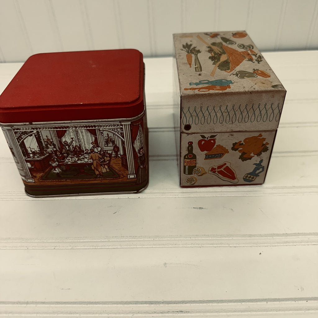 Lot 2 Vintage Tin Boxes Potpourri Press Recipe Tin & Christmas Scene Storage