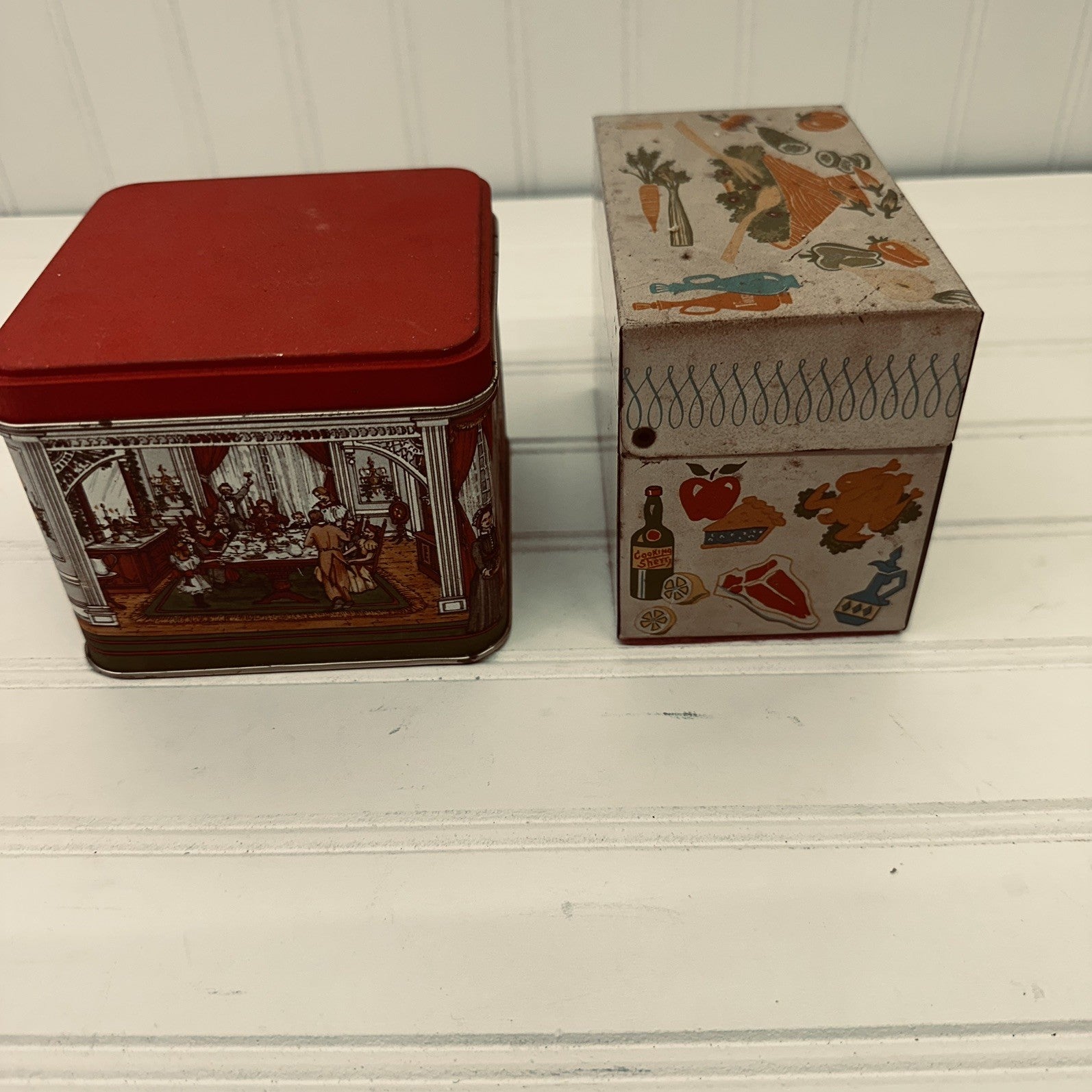 Lot 2 Vintage Tin Boxes Potpourri Press Recipe Tin & Christmas Scene Storage