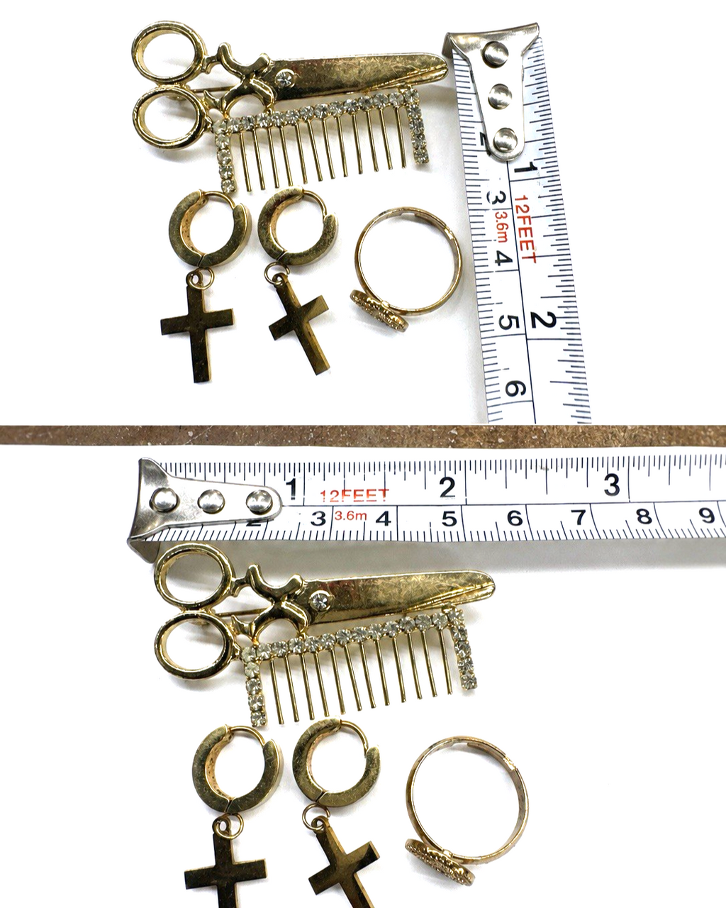 Vintage Gold Tone Jewelry Lot Scissor Comb Brooch Cross Earrings Ring Set