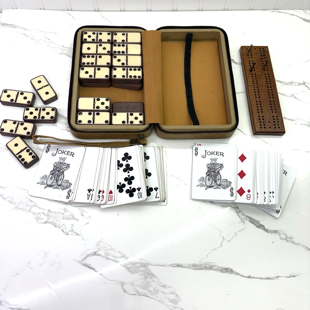 Vintage Travel Set of Dominos and Bridge Board and Cards in Handy Zipper Case