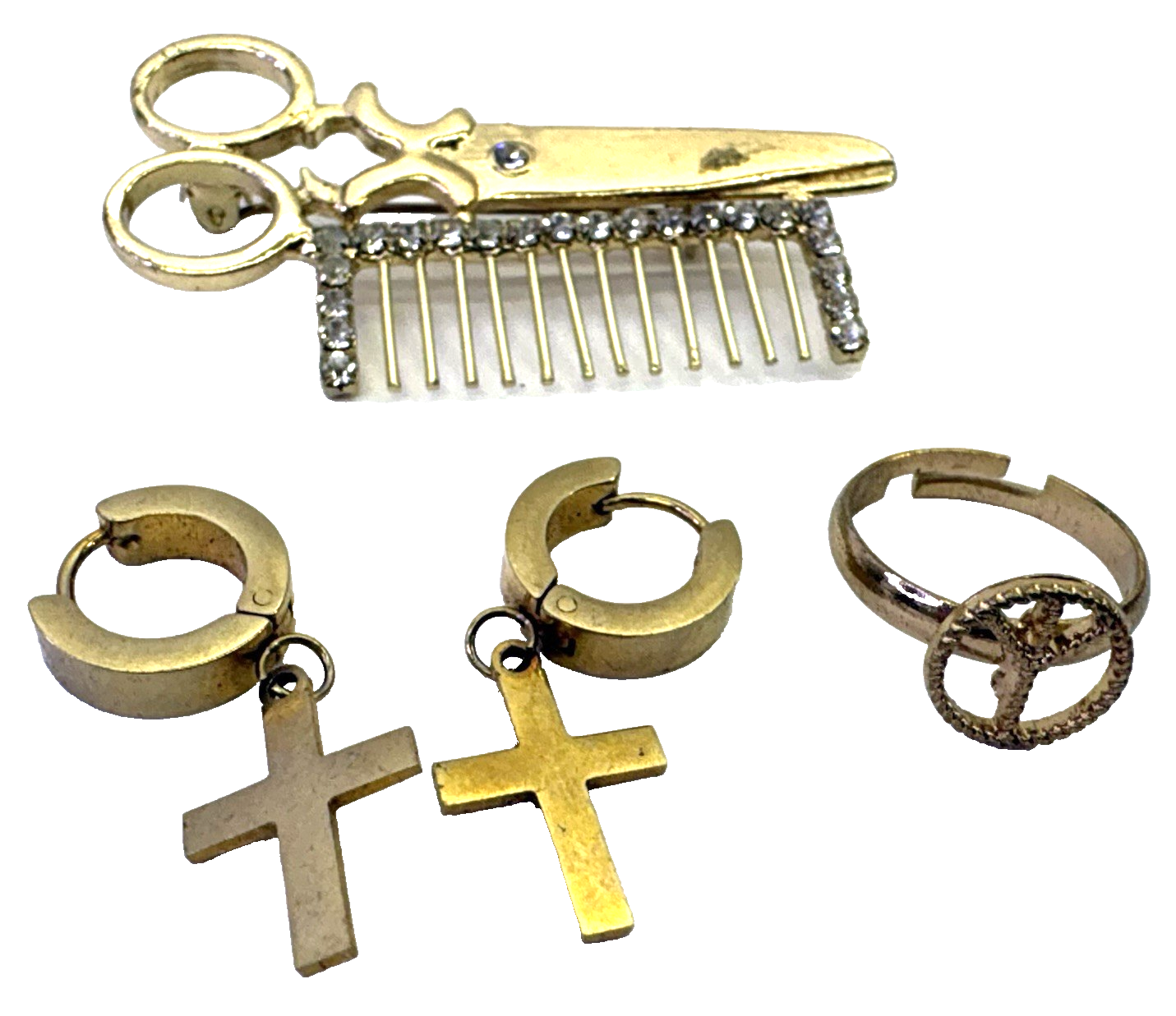 Vintage Gold Tone Jewelry Lot Scissor Comb Brooch Cross Earrings Ring Set