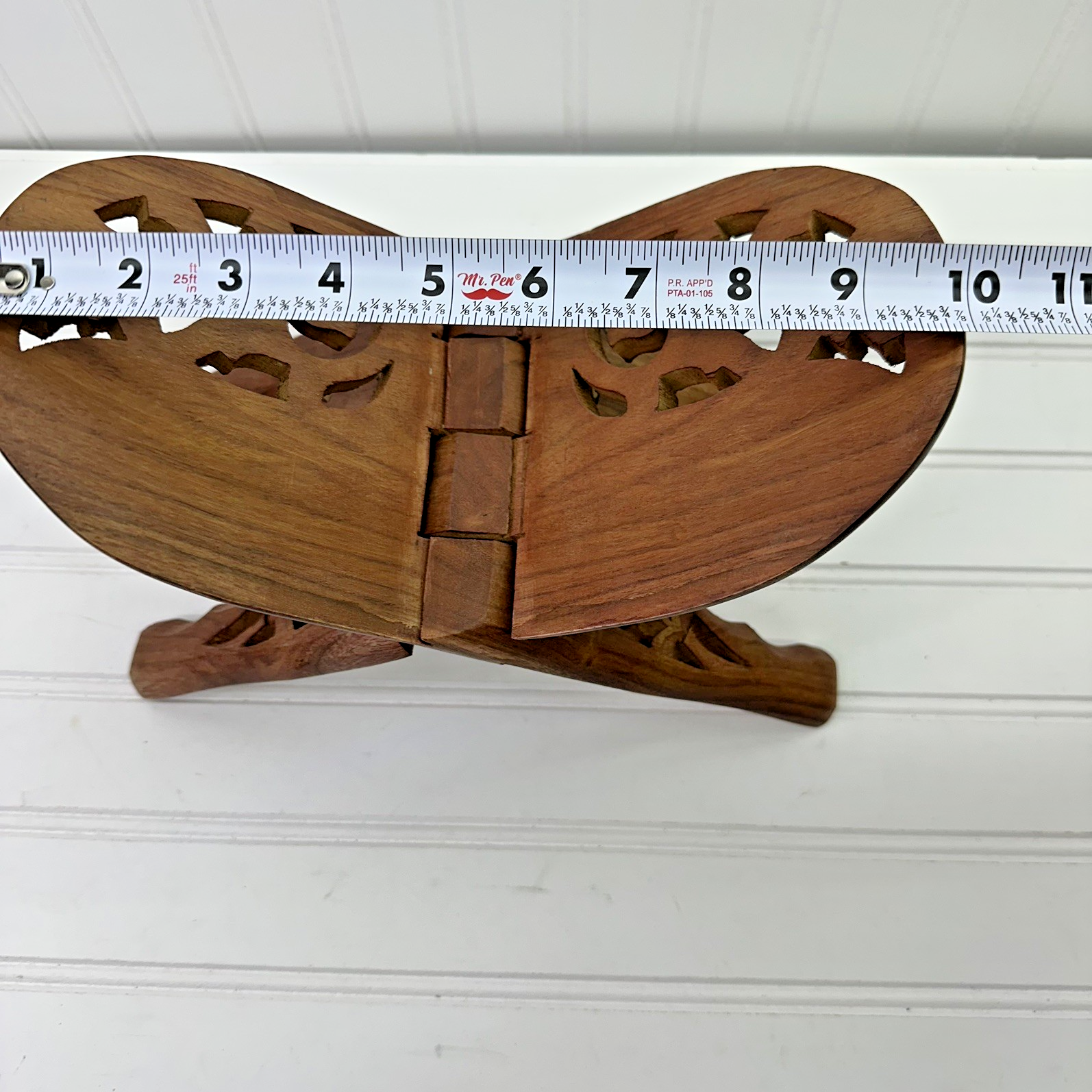 12” Hand Carved Wooden Folding Book Stand Brass Inlay Rehal Quran Bible India