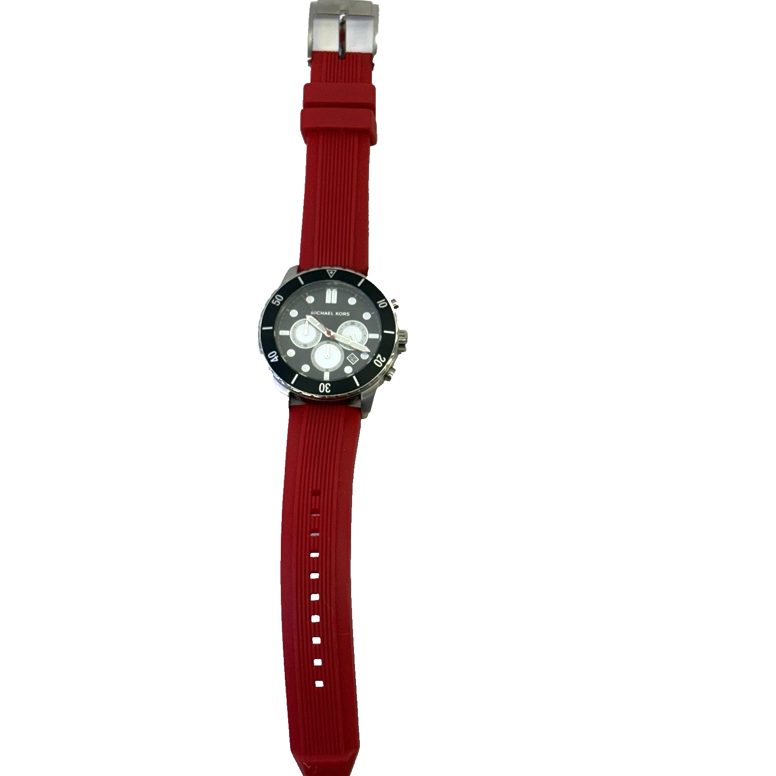 Michael Kors Cunningham Mens Chronograph Watch, Black Dial, Red Silicone Strap