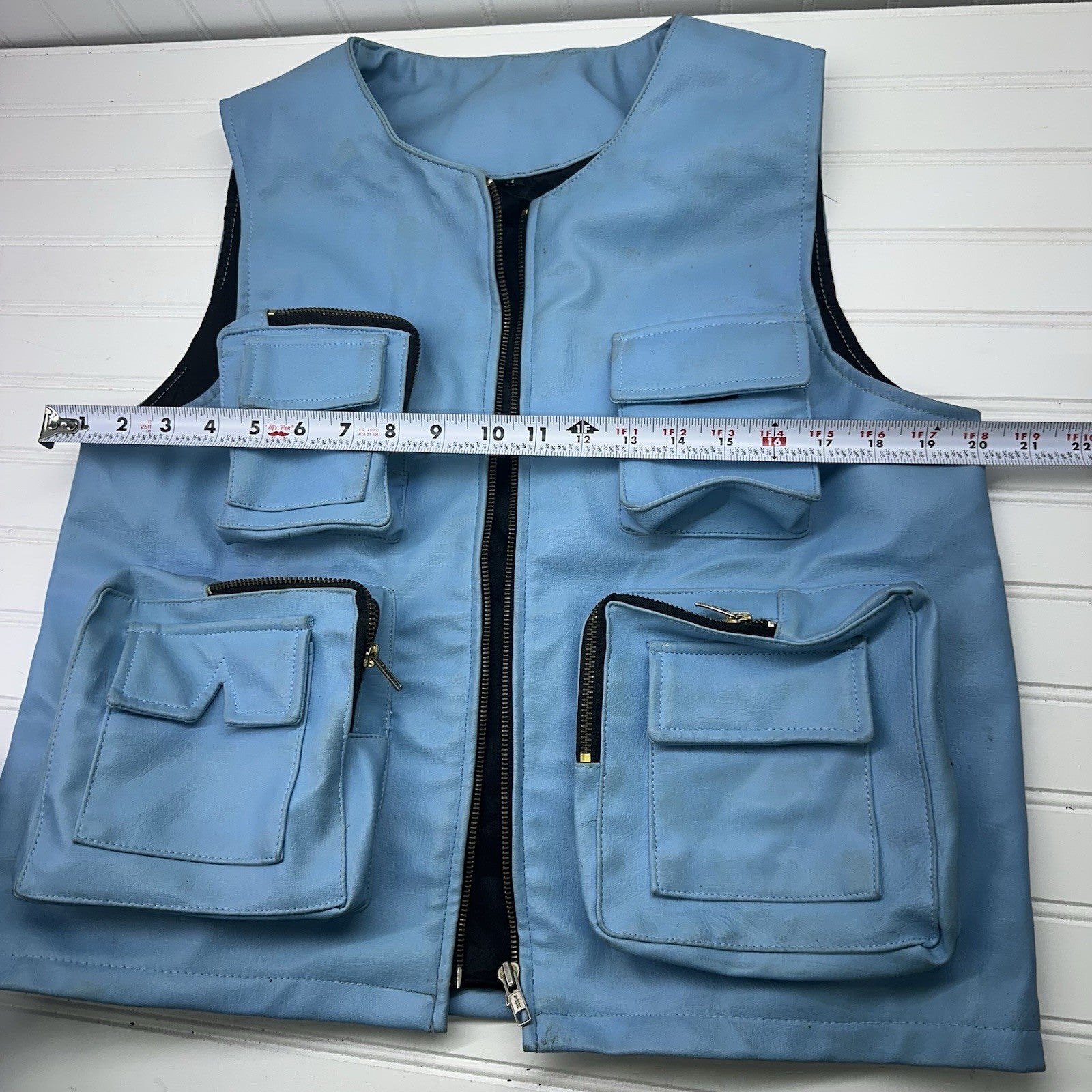 Y2K Blue Faux Leather Cargo Pants Size 32  & Utility Vest Set Mens Size M