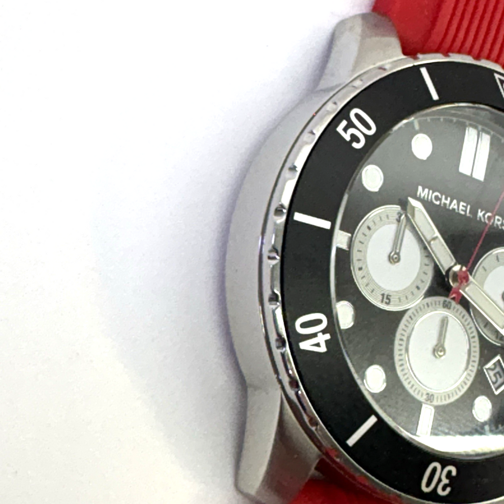 Michael Kors Cunningham Mens Chronograph Watch, Black Dial, Red Silicone Strap