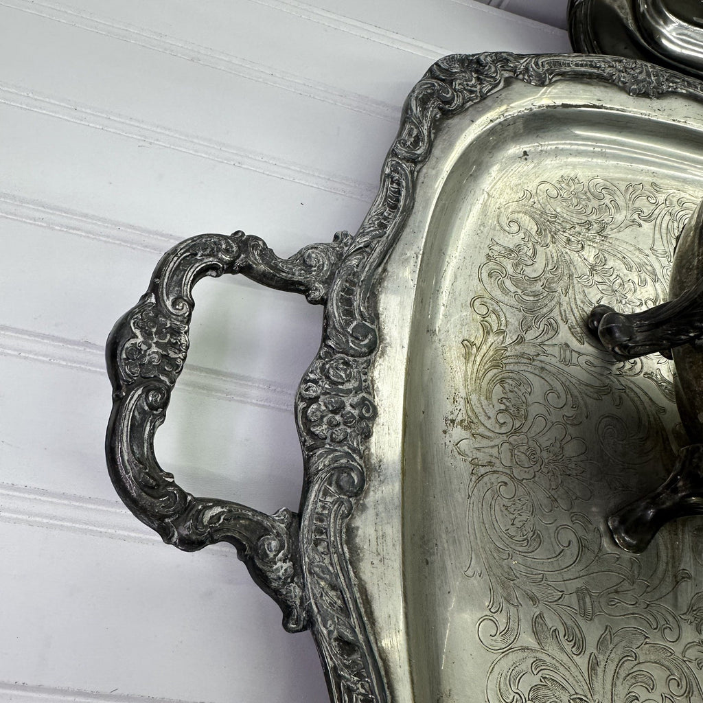 4 Vintage Silverplate Tray Set Lot Tea Coffee Pot Bowl Ornate Serving