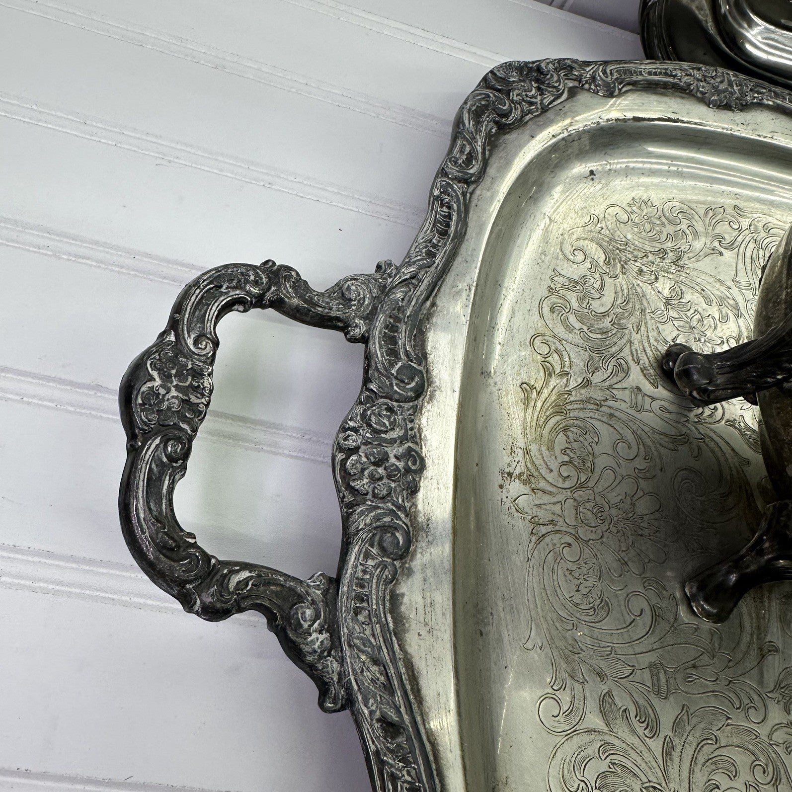 4 Vintage Silverplate Tray Set Lot Tea Coffee Pot Bowl Ornate Serving