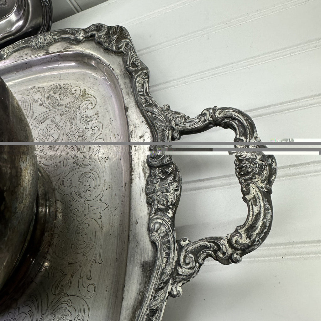4 Vintage Silverplate Tray Set Lot Tea Coffee Pot Bowl Ornate Serving