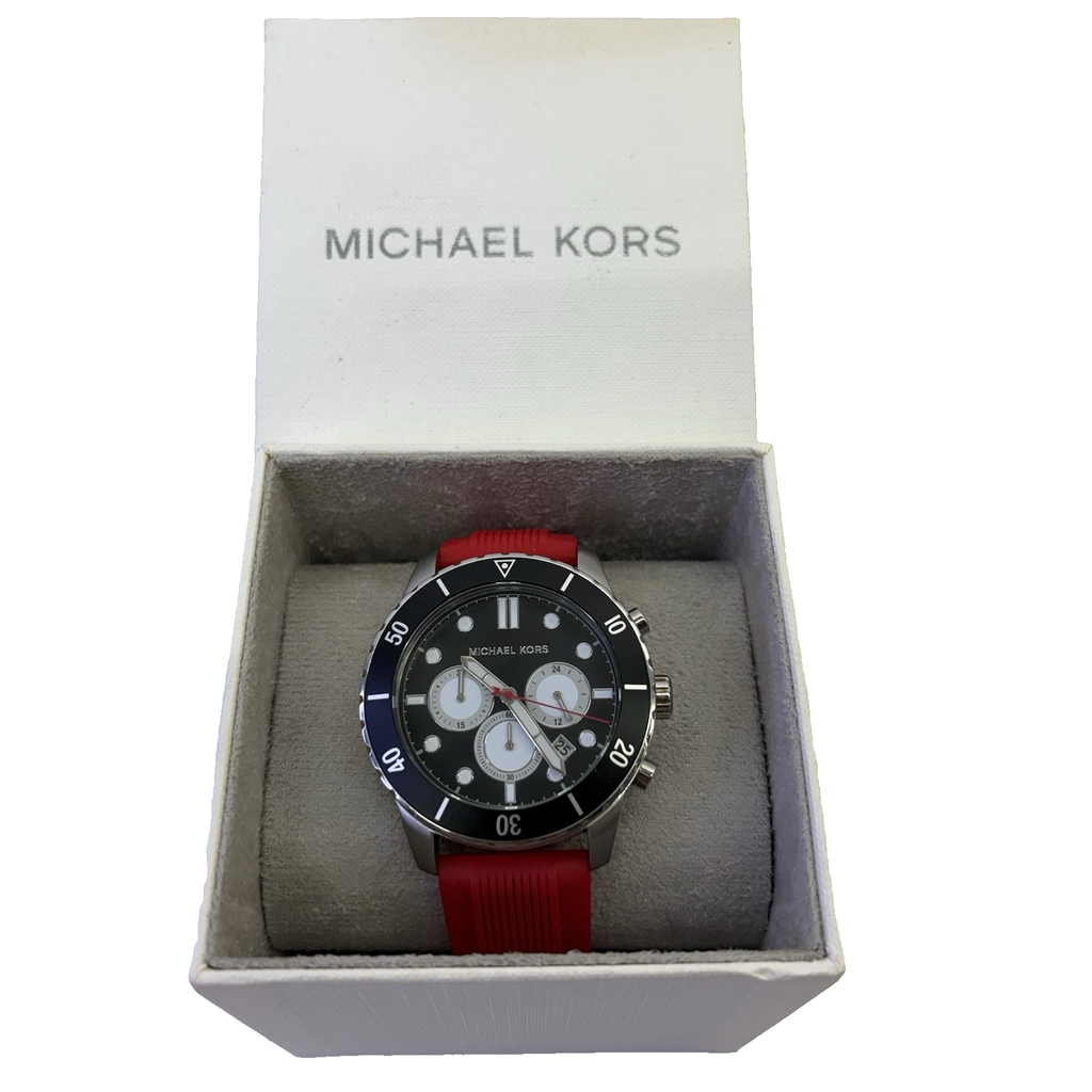 Michael Kors Cunningham Mens Chronograph Watch, Black Dial, Red Silicone Strap