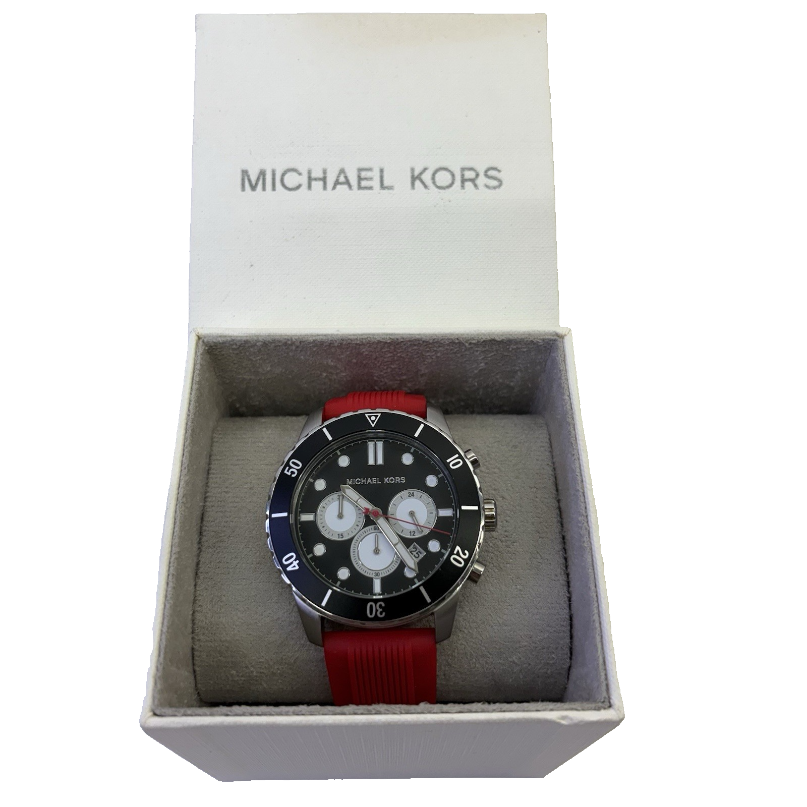 Michael Kors Cunningham Mens Chronograph Watch, Black Dial, Red Silicone Strap