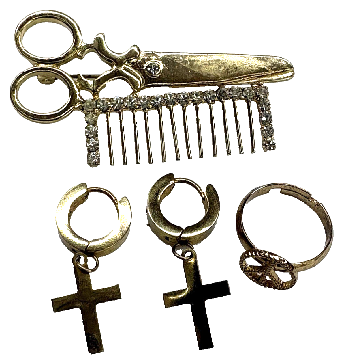 Vintage Gold Tone Jewelry Lot Scissor Comb Brooch Cross Earrings Ring Set