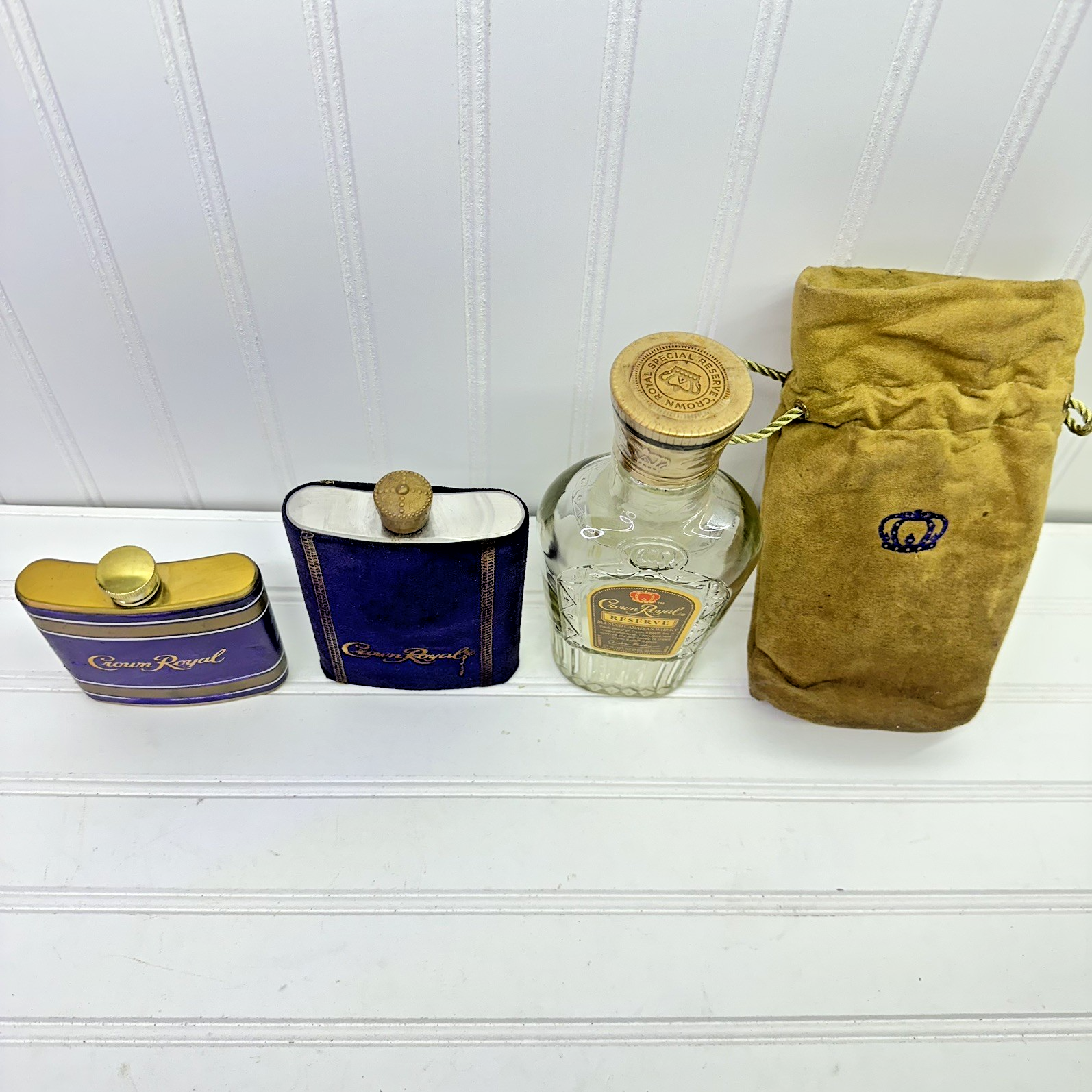 Lot  Crown Royal FlaskEmpty Bottles Reserve Glass Bottle Tin & Bag Set
