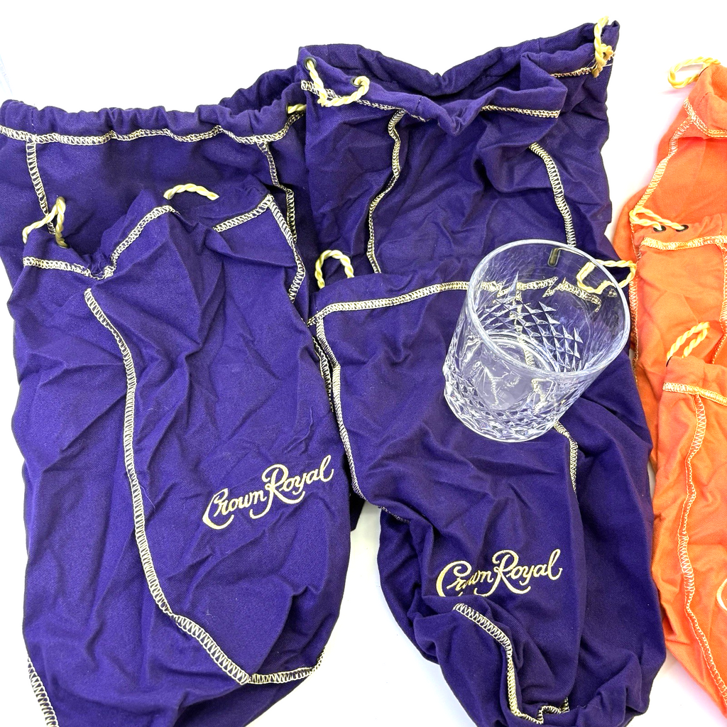 Lot 7 Crown Royal Bags Peach Purple Drawstring + Bonus CRWNRL Glass