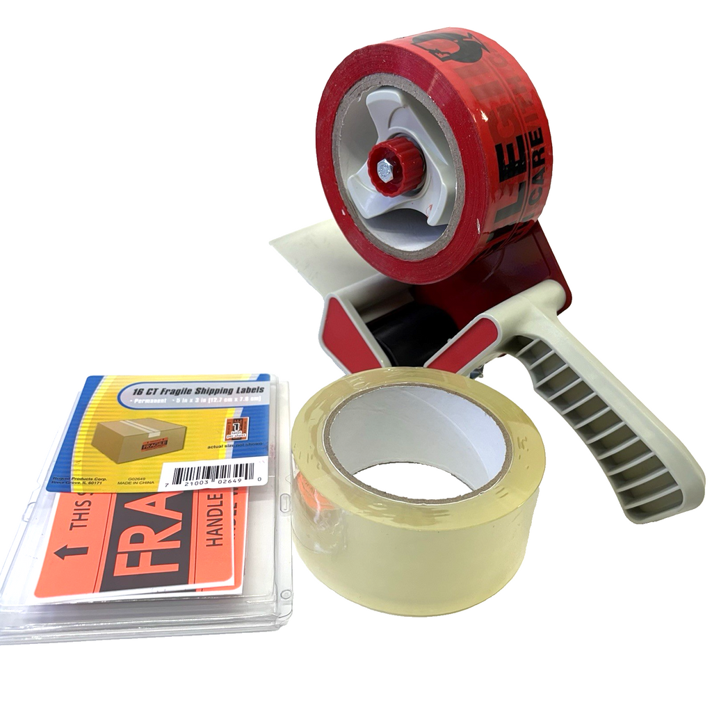 Tape Gun + Fragile Red Tape + 16 Labels + Clear Packing Tape New Bundle