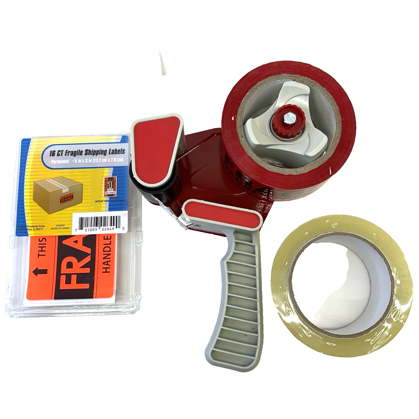 Tape Gun + Fragile Red Tape + 16 Labels + Clear Packing Tape New Bundle