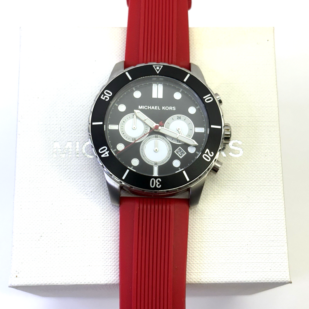 Michael Kors Cunningham Mens Chronograph Watch, Black Dial, Red Silicone Strap