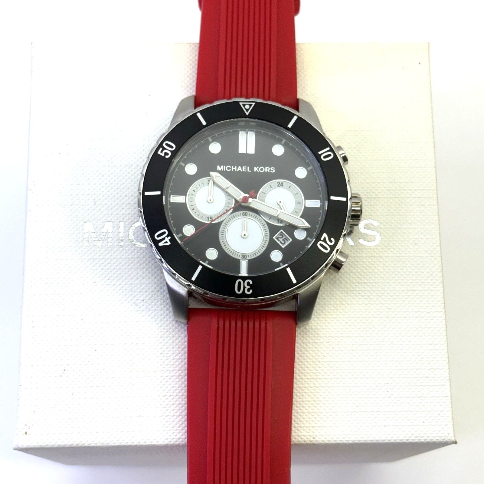 Michael Kors Cunningham Mens Chronograph Watch, Black Dial, Red Silicone Strap