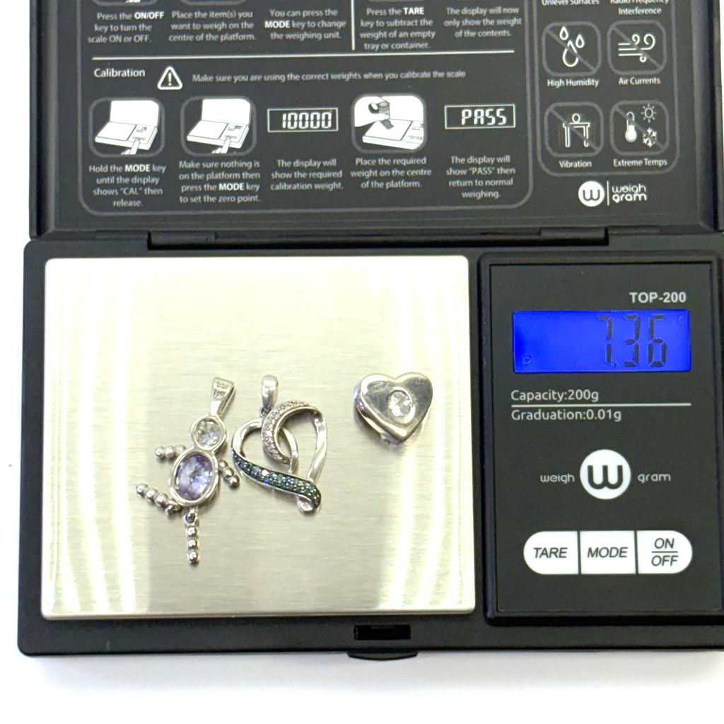 925 Sterling Silver Charm Pendant Lot Heart Blue CZ Girl Figure 3pc 7.36g Vintag