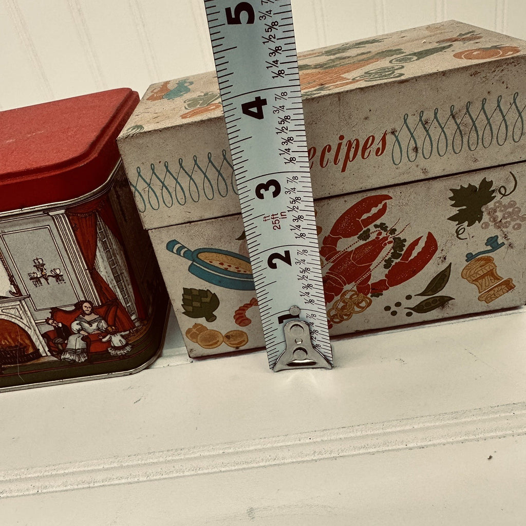 Lot 2 Vintage Tin Boxes Potpourri Press Recipe Tin & Christmas Scene Storage