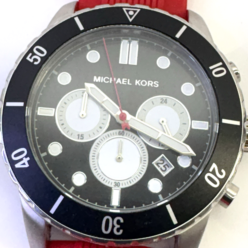 Michael Kors Cunningham Mens Chronograph Watch, Black Dial, Red Silicone Strap