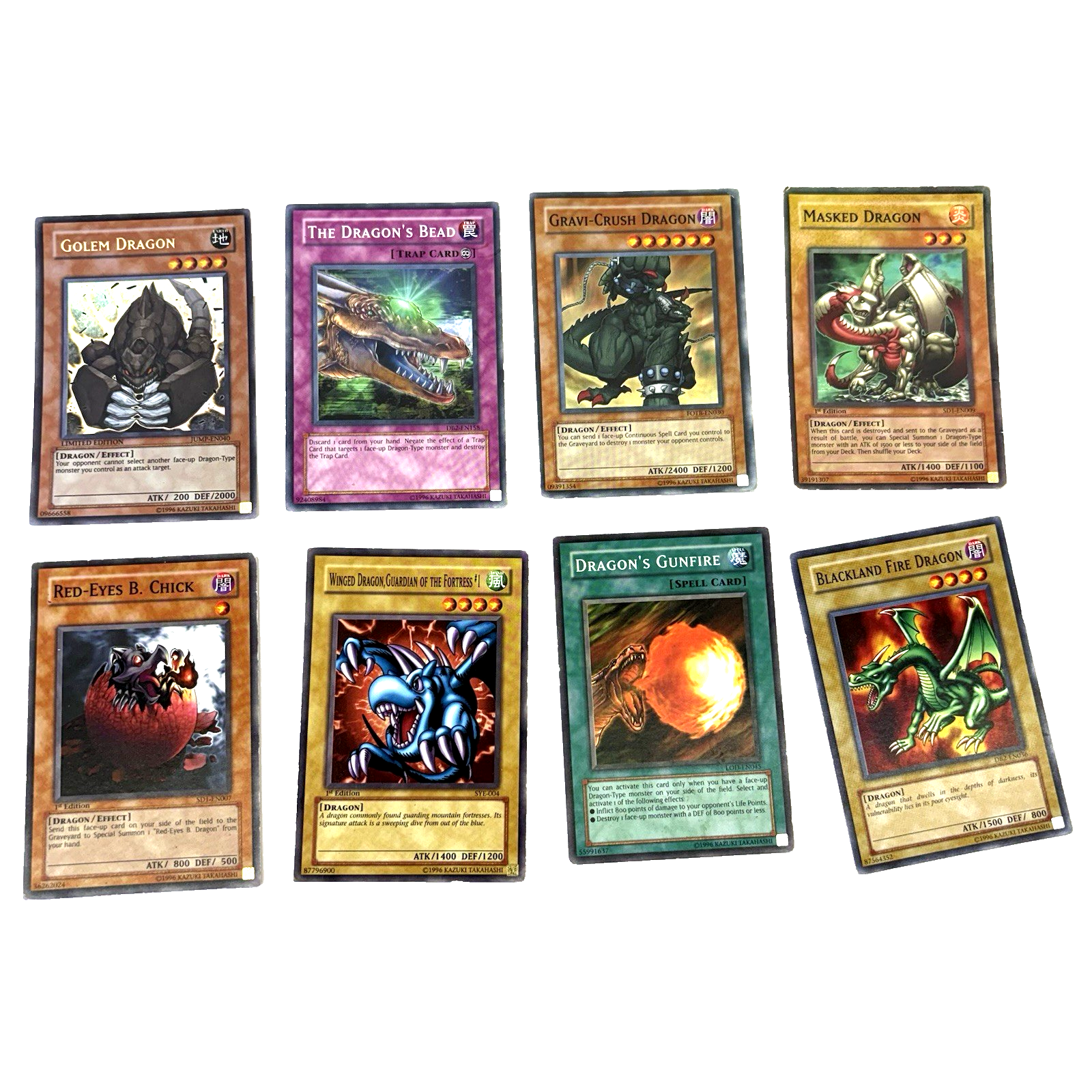 Lot Of  8 Yu-Gi-Oh Cards Golem Dragon , Winged Dragon ,Masked Dragon , Red-Eyes