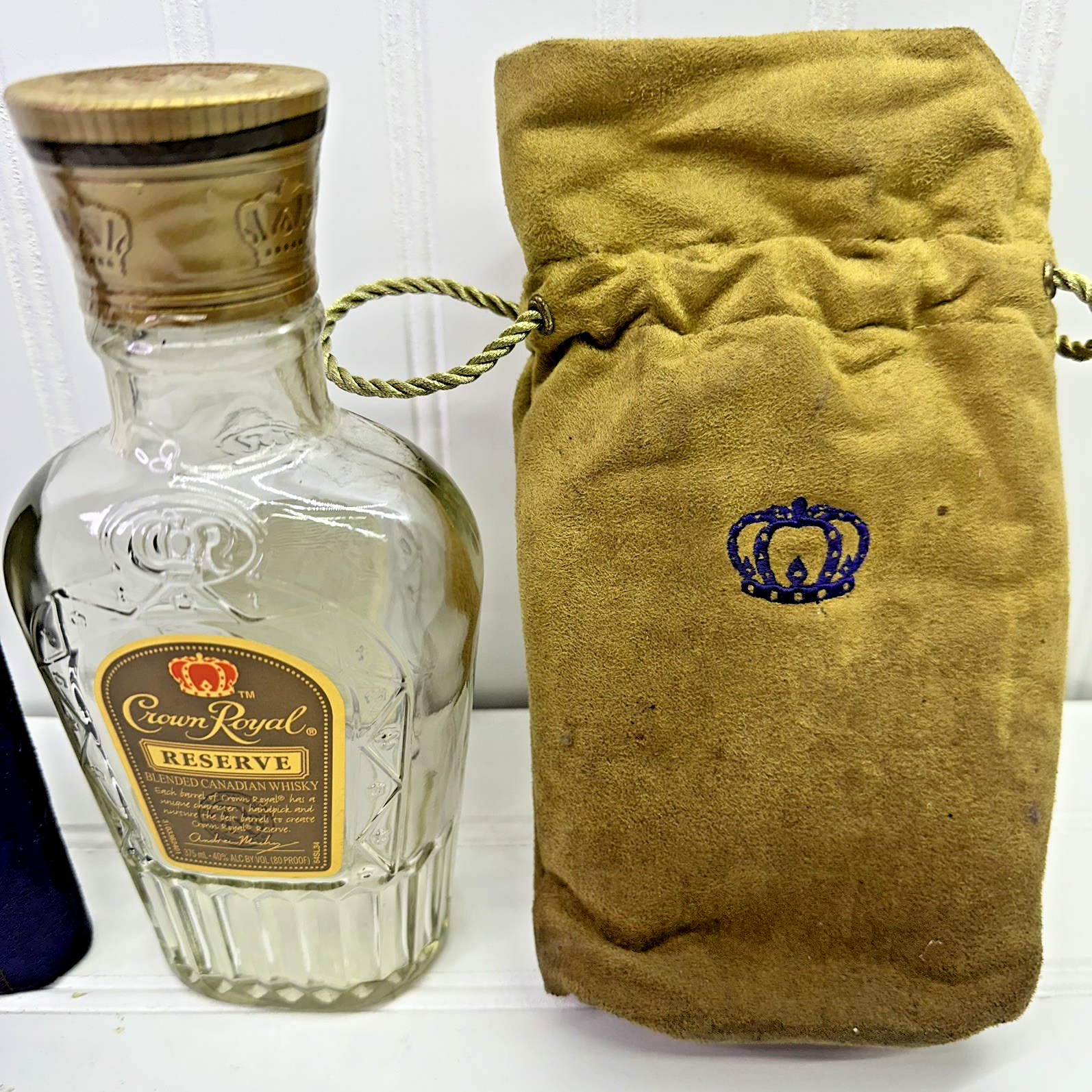 Lot  Crown Royal FlaskEmpty Bottles Reserve Glass Bottle Tin & Bag Set