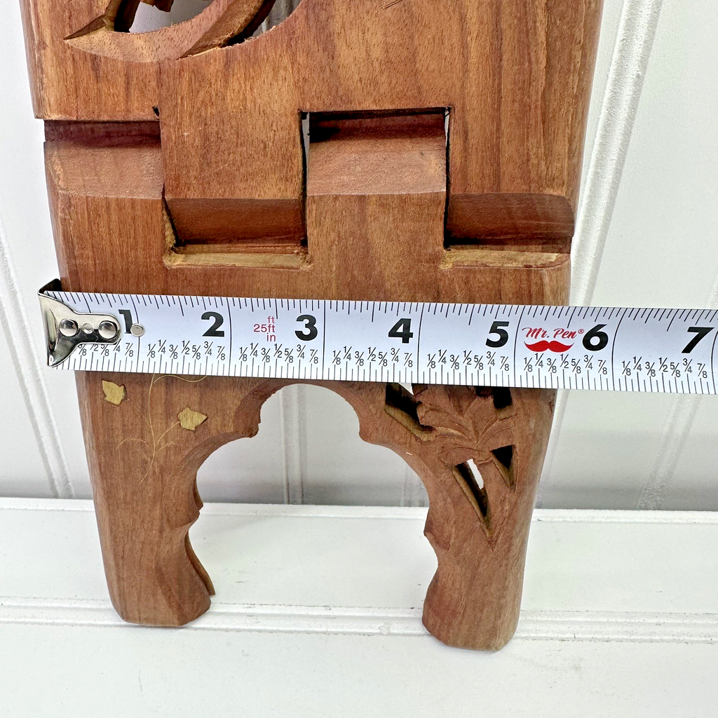 12” Hand Carved Wooden Folding Book Stand Brass Inlay Rehal Quran Bible India