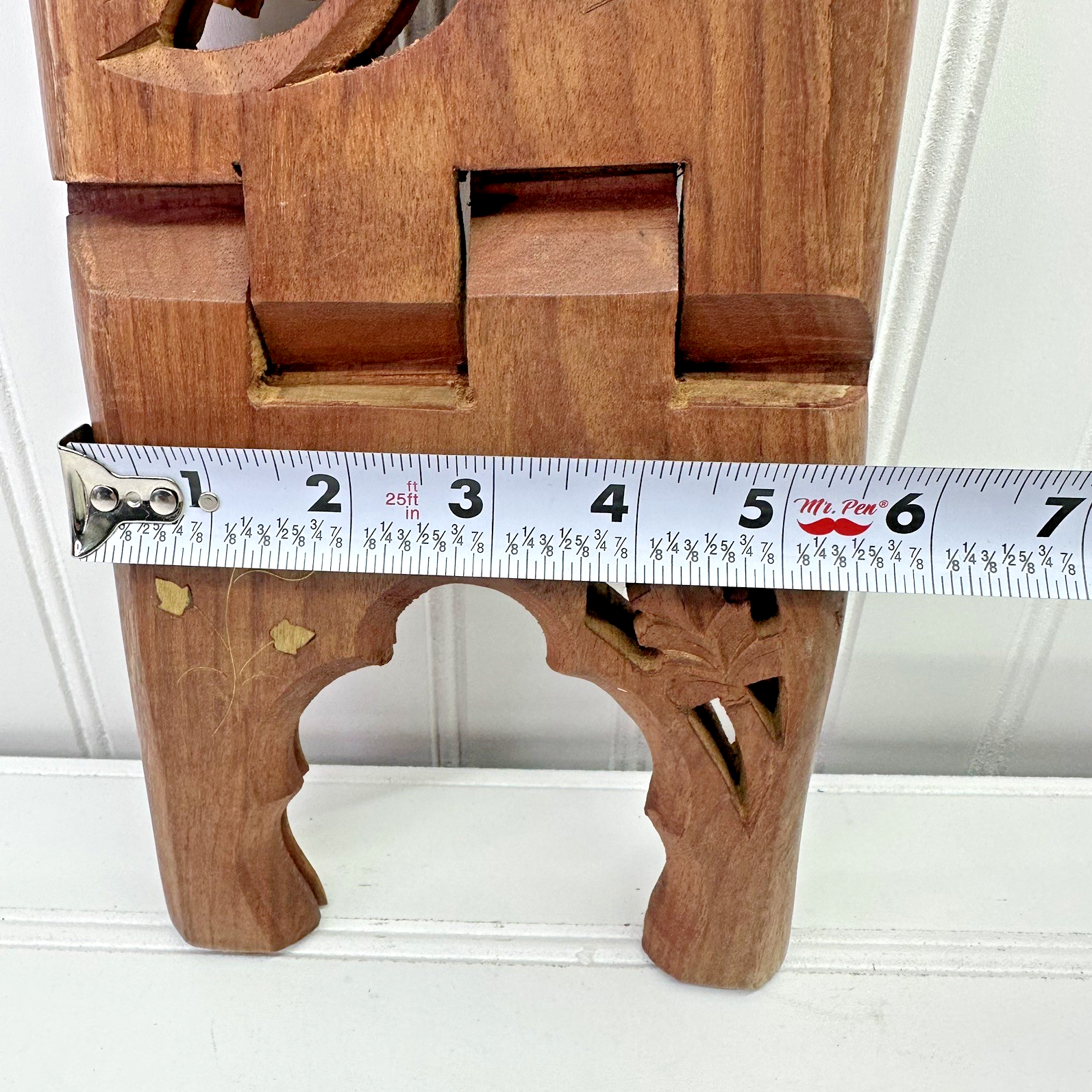 12” Hand Carved Wooden Folding Book Stand Brass Inlay Rehal Quran Bible India