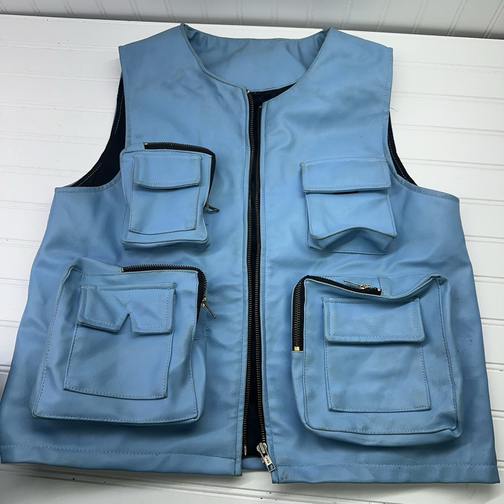 Y2K Blue Faux Leather Cargo Pants Size 32  & Utility Vest Set Mens Size M