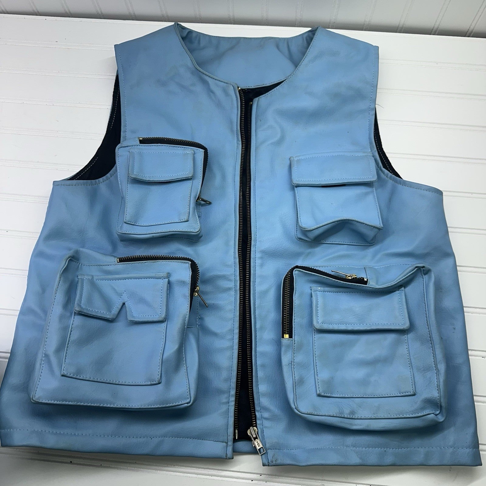 Y2K Blue Faux Leather Cargo Pants Size 32  & Utility Vest Set Mens Size M