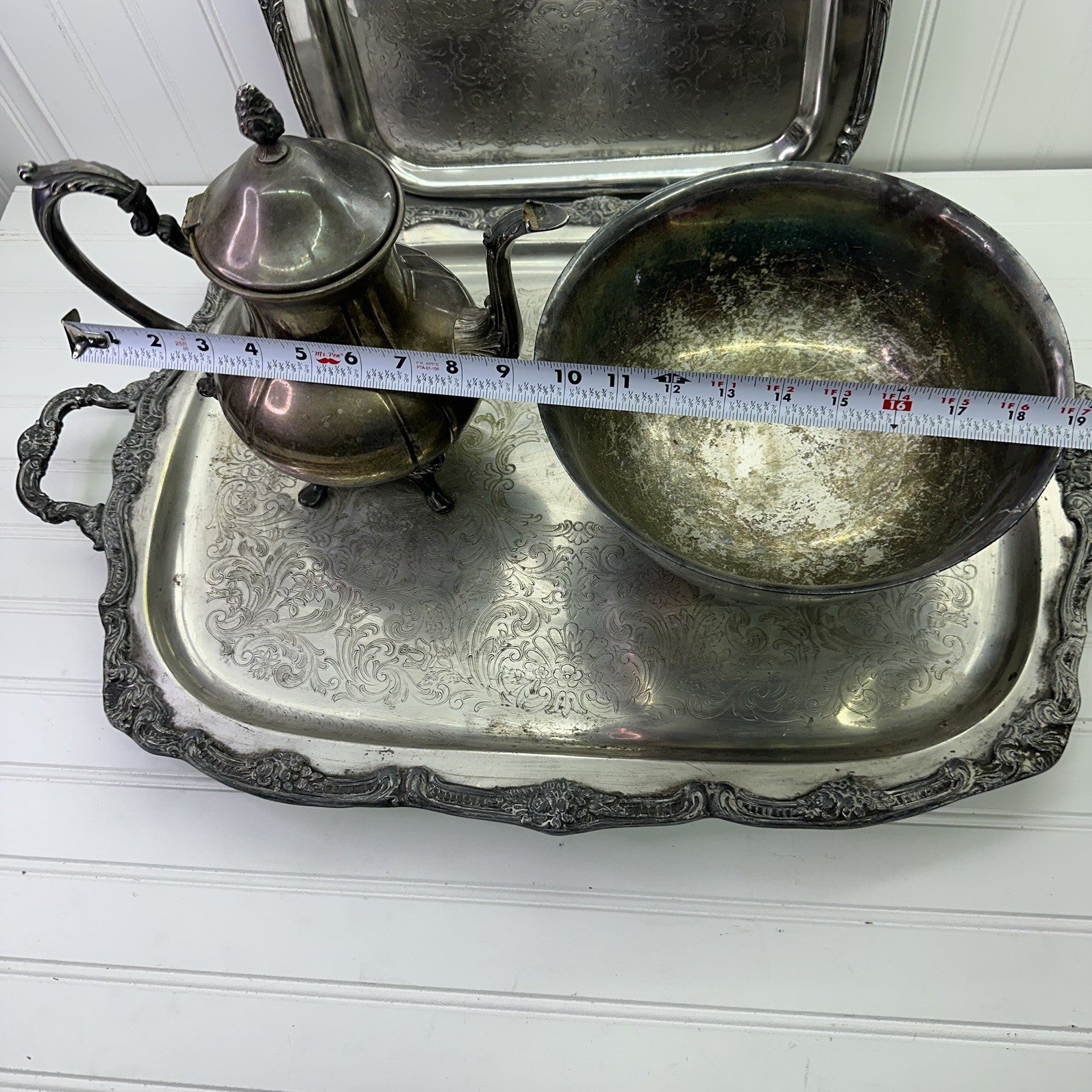 4 Vintage Silverplate Tray Set Lot Tea Coffee Pot Bowl Ornate Serving