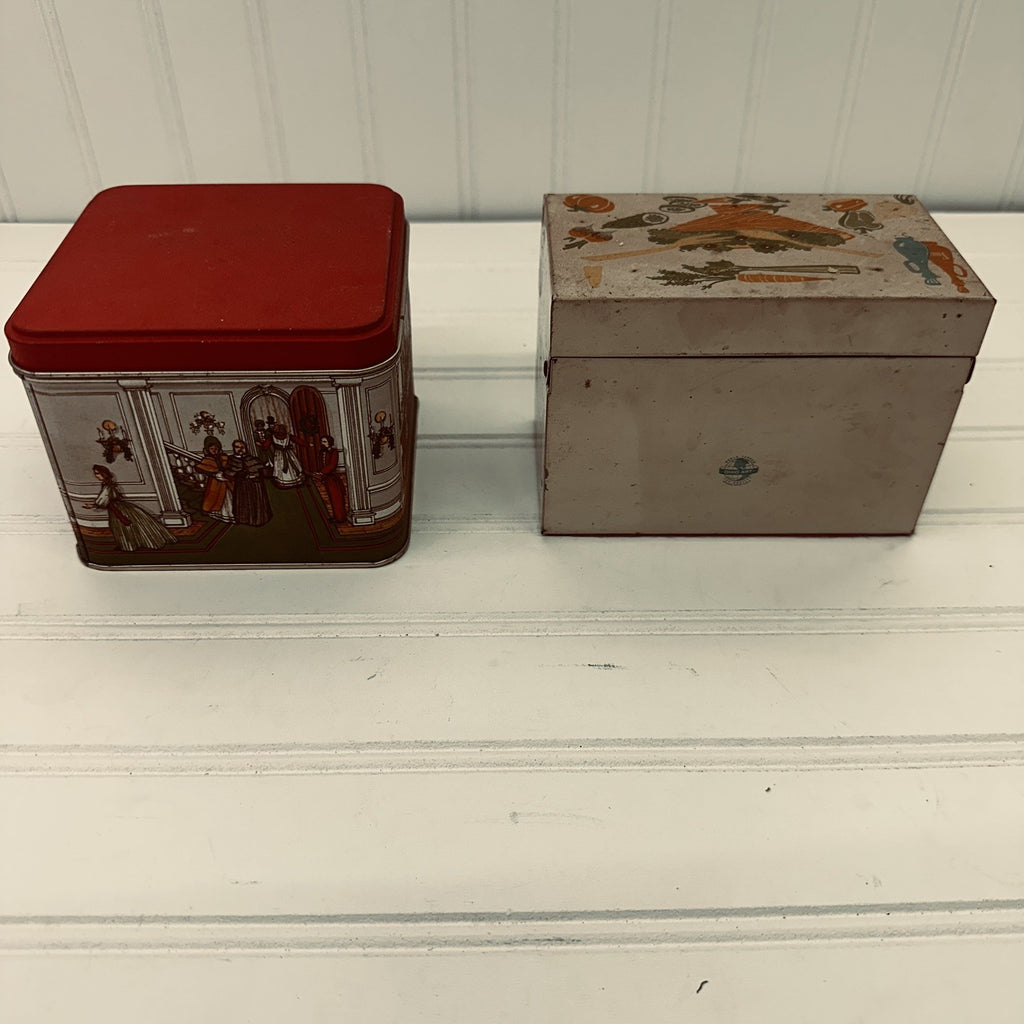 Lot 2 Vintage Tin Boxes Potpourri Press Recipe Tin & Christmas Scene Storage