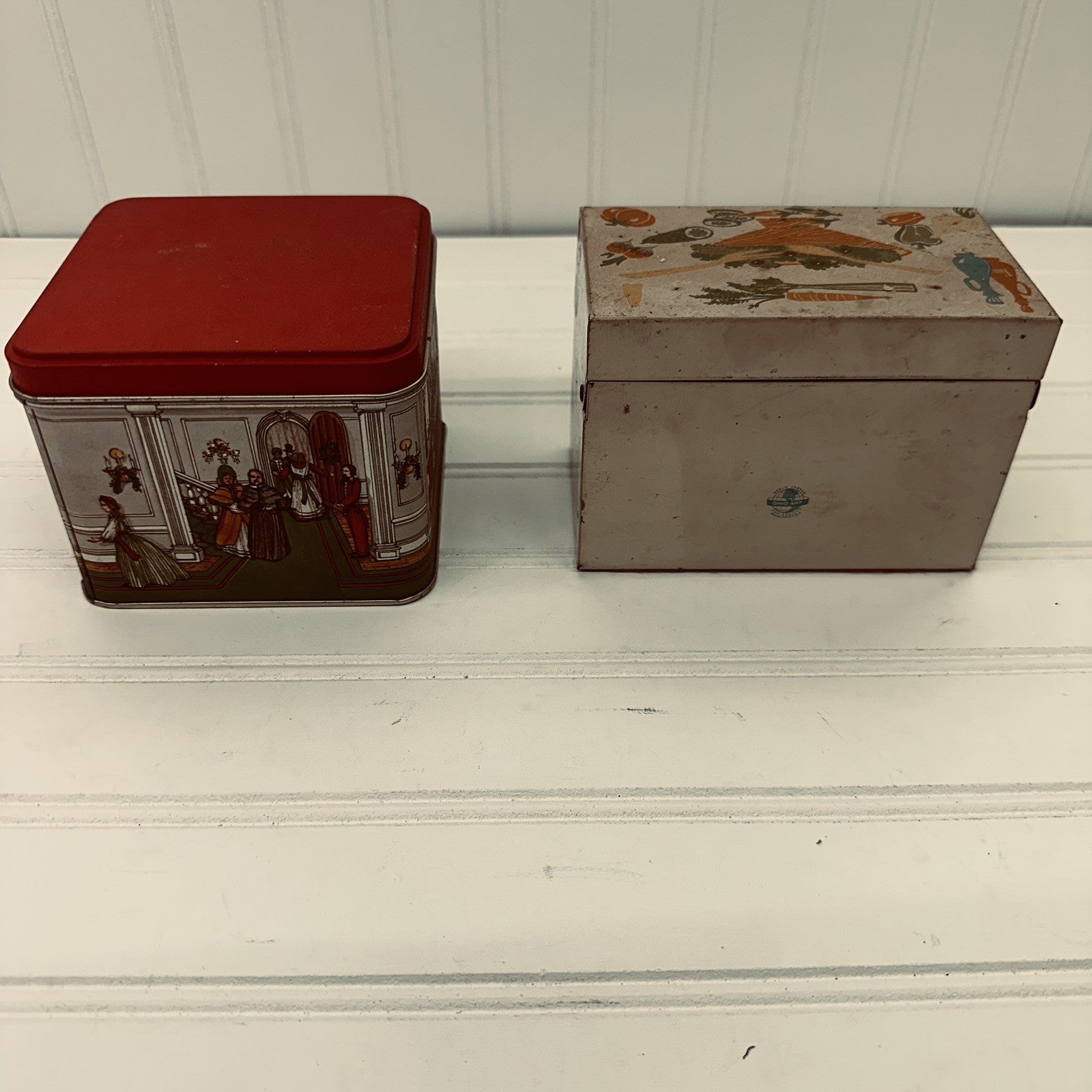 Lot 2 Vintage Tin Boxes Potpourri Press Recipe Tin & Christmas Scene Storage