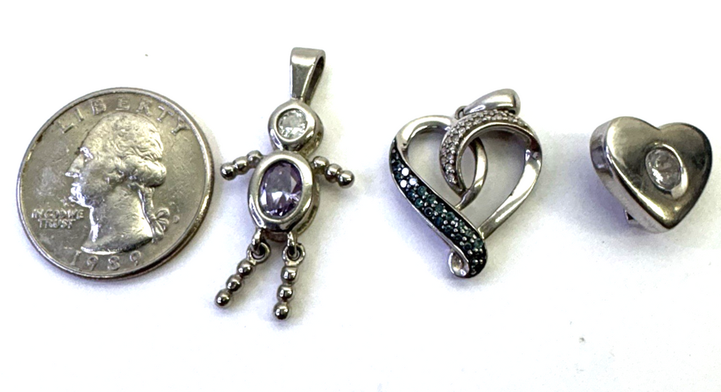 925 Sterling Silver Charm Pendant Lot Heart Blue CZ Girl Figure 3pc 7.36g Vintag