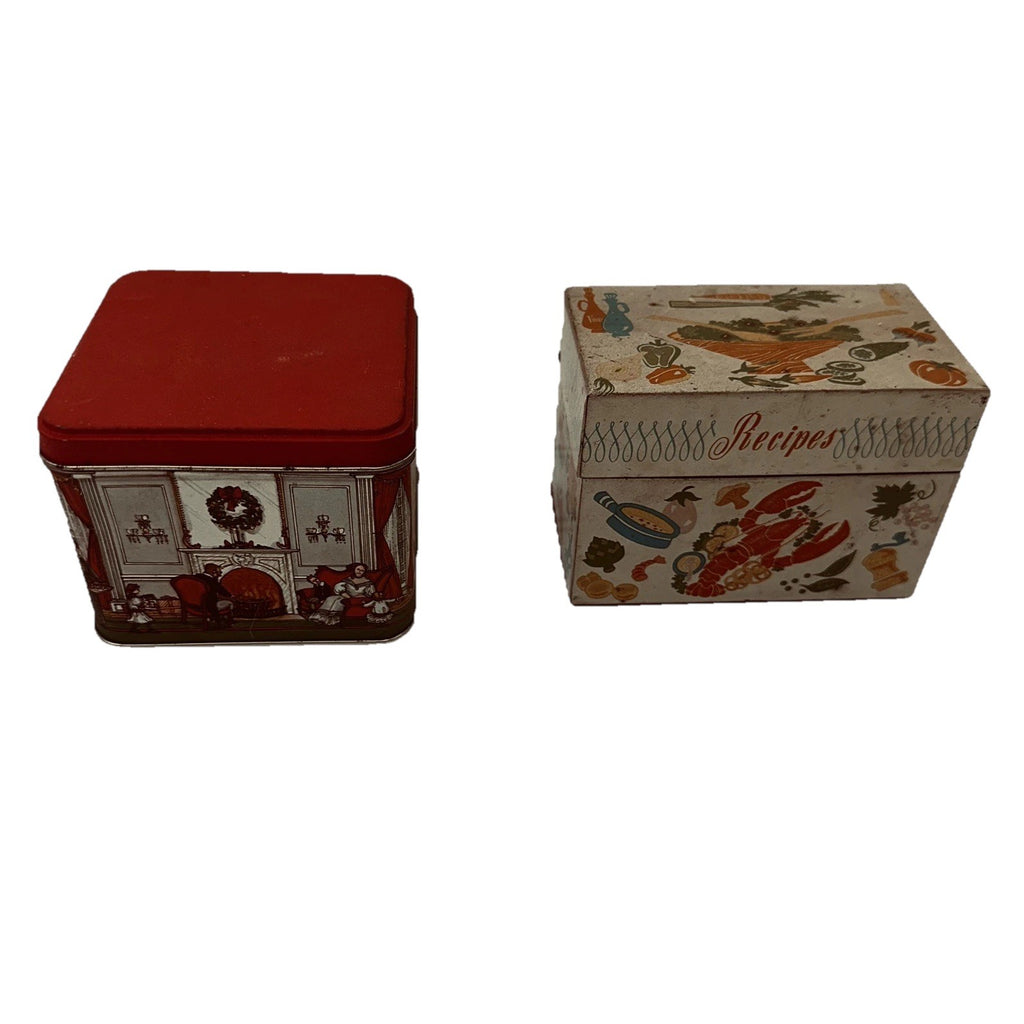 Lot 2 Vintage Tin Boxes Potpourri Press Recipe Tin & Christmas Scene Storage