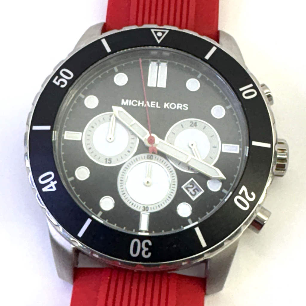 Michael Kors Cunningham Mens Chronograph Watch, Black Dial, Red Silicone Strap
