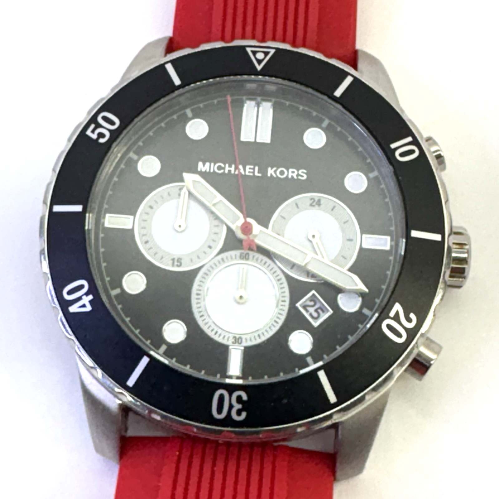 Michael Kors Cunningham Mens Chronograph Watch, Black Dial, Red Silicone Strap