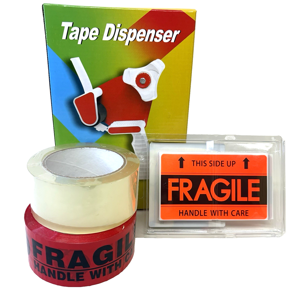 Tape Gun + Fragile Red Tape + 16 Labels + Clear Packing Tape New Bundle