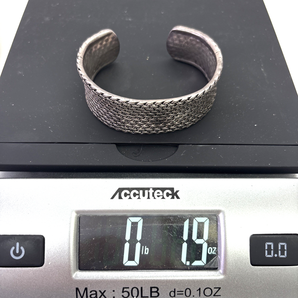 Vintage Premier Designs Basketweave Cuff Bracelet Silver Tone Wide Textured 