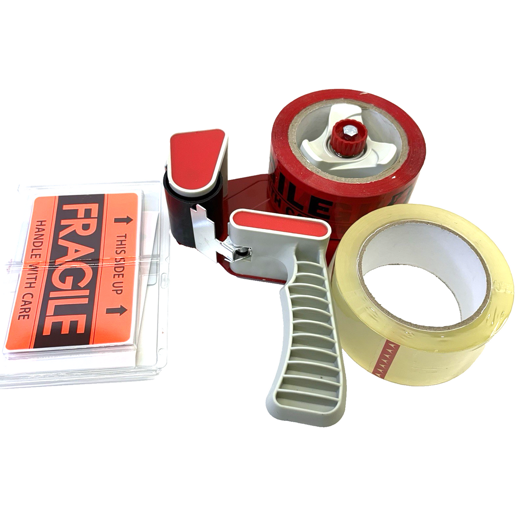Tape Gun + Fragile Red Tape + 16 Labels + Clear Packing Tape New Bundle