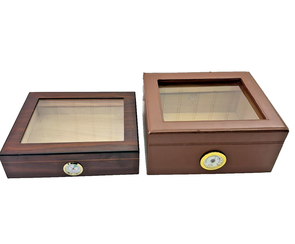 Lot of 2 Cigar Humidor Glass Top Box Hygrometer Cedar Wood Leather & Bald Eagle