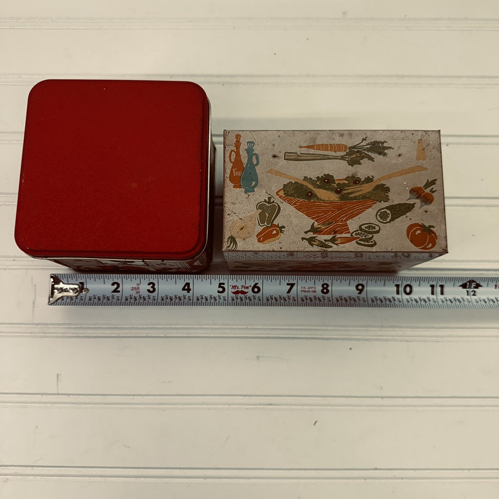 Lot 2 Vintage Tin Boxes Potpourri Press Recipe Tin & Christmas Scene Storage