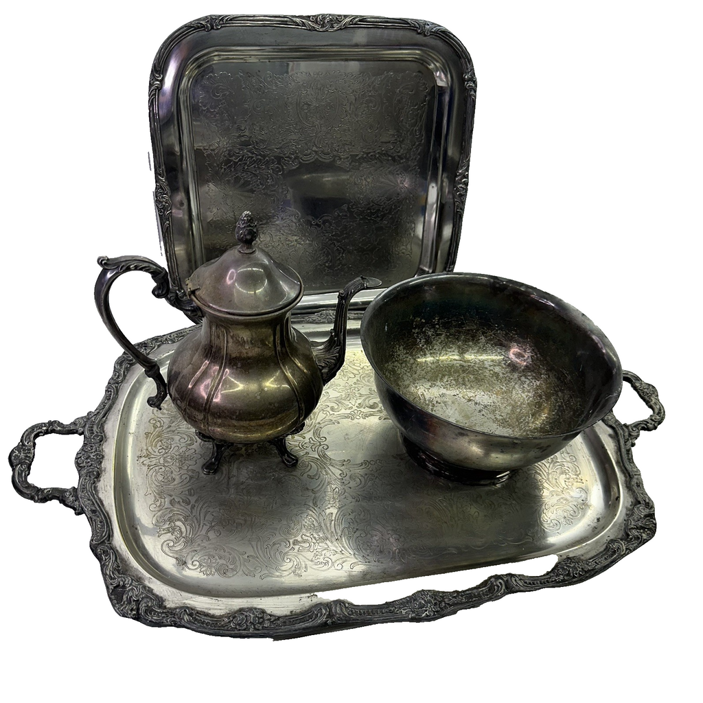 4 Vintage Silverplate Tray Set Lot Tea Coffee Pot Bowl Ornate Serving