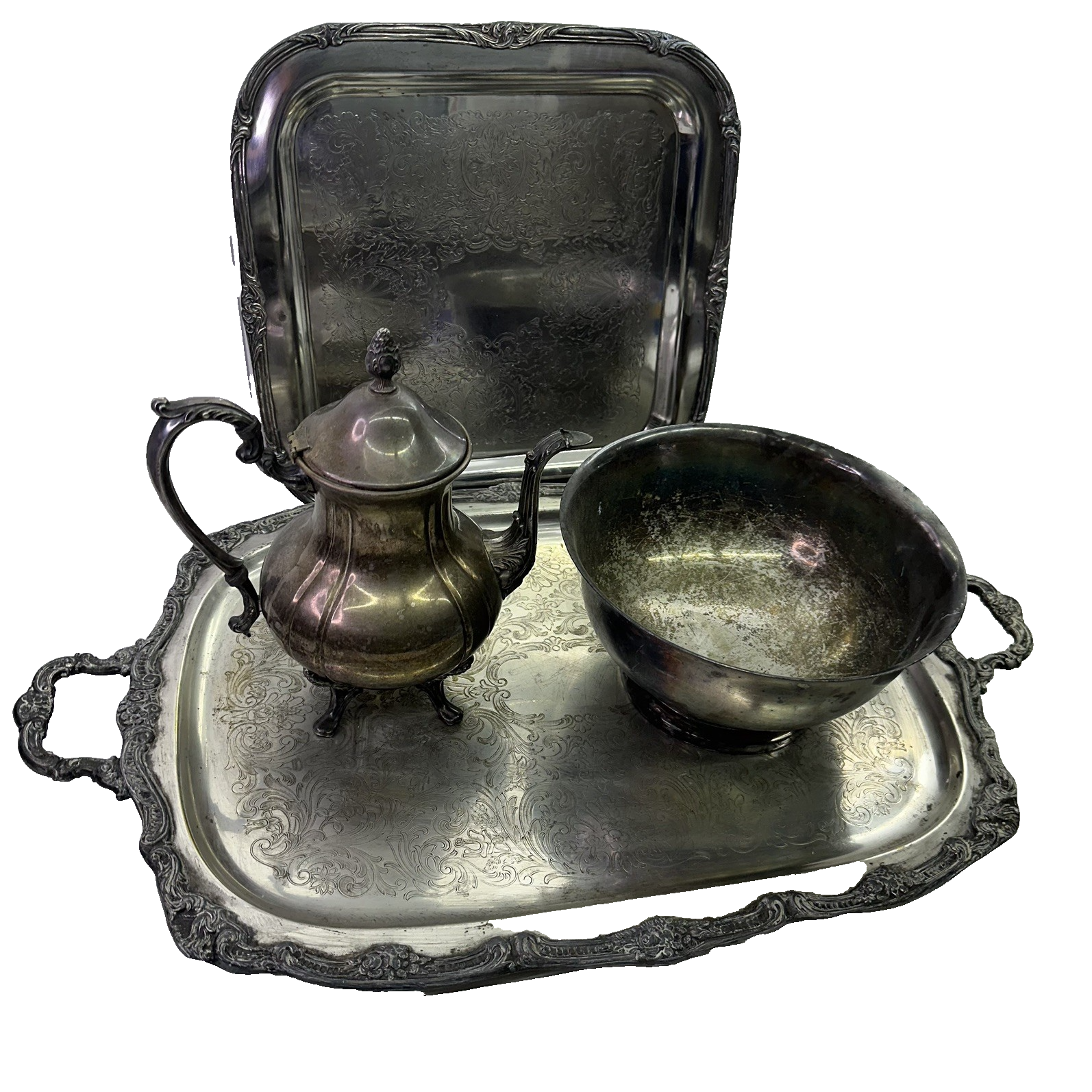 4 Vintage Silverplate Tray Set Lot Tea Coffee Pot Bowl Ornate Serving