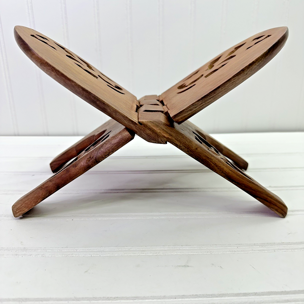 12” Hand Carved Wooden Folding Book Stand Brass Inlay Rehal Quran Bible India