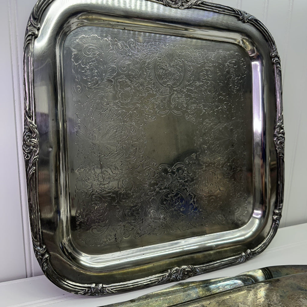 4 Vintage Silverplate Tray Set Lot Tea Coffee Pot Bowl Ornate Serving
