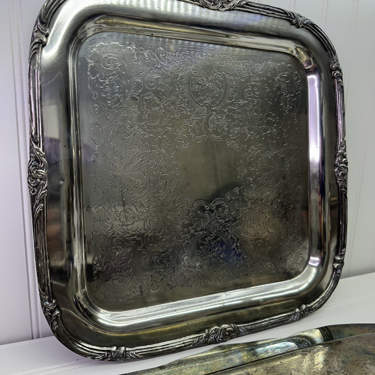 4 Vintage Silverplate Tray Set Lot Tea Coffee Pot Bowl Ornate Serving
